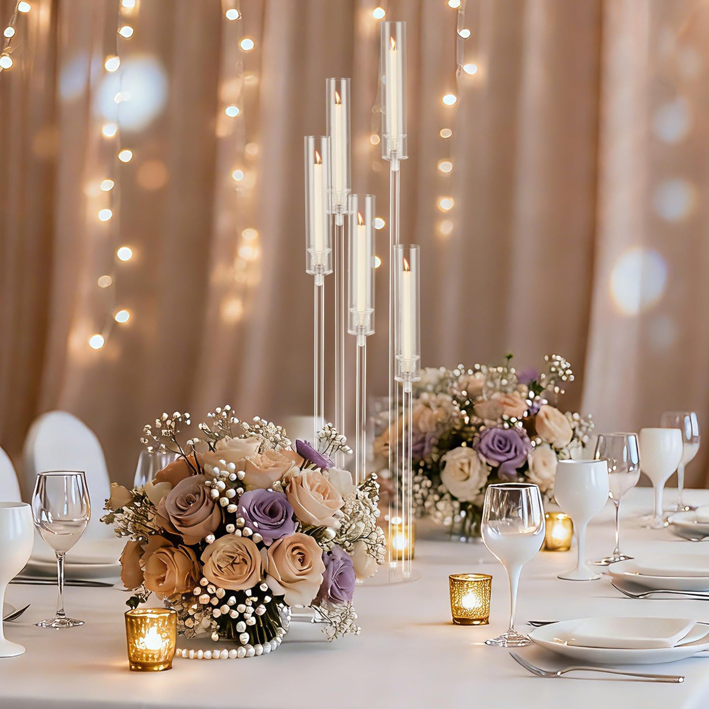 4Pcs 45.7''Tall 5 Arm Acrylic Candelabra Centerpieces for Tables, Clear Candle Holder for Wedding, Floor Candelabro Holders for Ceremony Birthday Party Home Decoration Fit 0.8 LED Candles（No Candle）