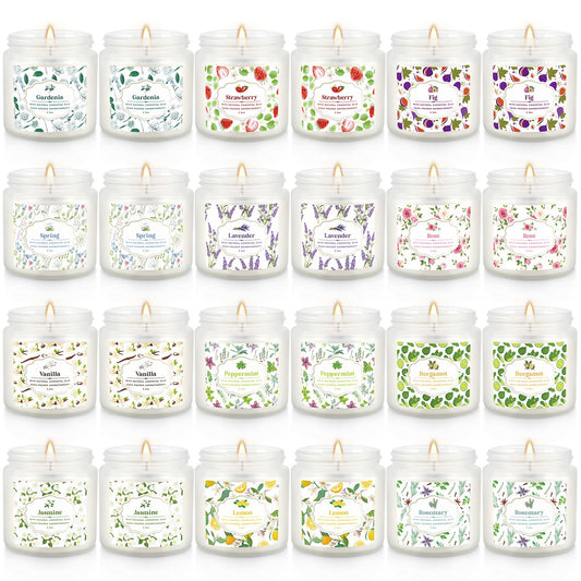 24-Pack White Frosted Scented Candles Set - 3.5oz Assorted Floral & Fruit Fragrances,Odor Eliminating,for Home Decor, Gifting & Relaxation.