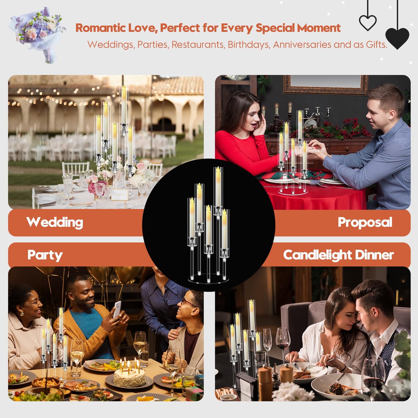 6 Set 5 Arm Acrylic Candle Holder with Candles, Mjkeomo 22.8'' Tall Table Candelabra Centerpiece, Lightweight Candelabra with Lampshades for Fireplace Mantel, Wedding, Housewarming Gift