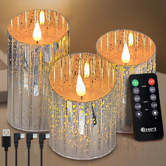 LEDHOLYT Rechargeable Flameless Candle, Flickering LED Pillar Glass Fake Candle with Remote and Timer, Built-in Battery Real Wax Electronic Candle for Room Decoration, Set of 3