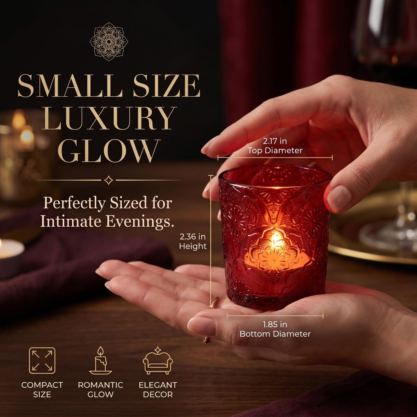 6 Pack Mandala Embossed Glass Candle Holders – Votive Tealight Holders with Patent Design, Decorative Embossed Glass Cups for Wedding Centerpieces, Parties, and Home Décor (Wildberry Red)