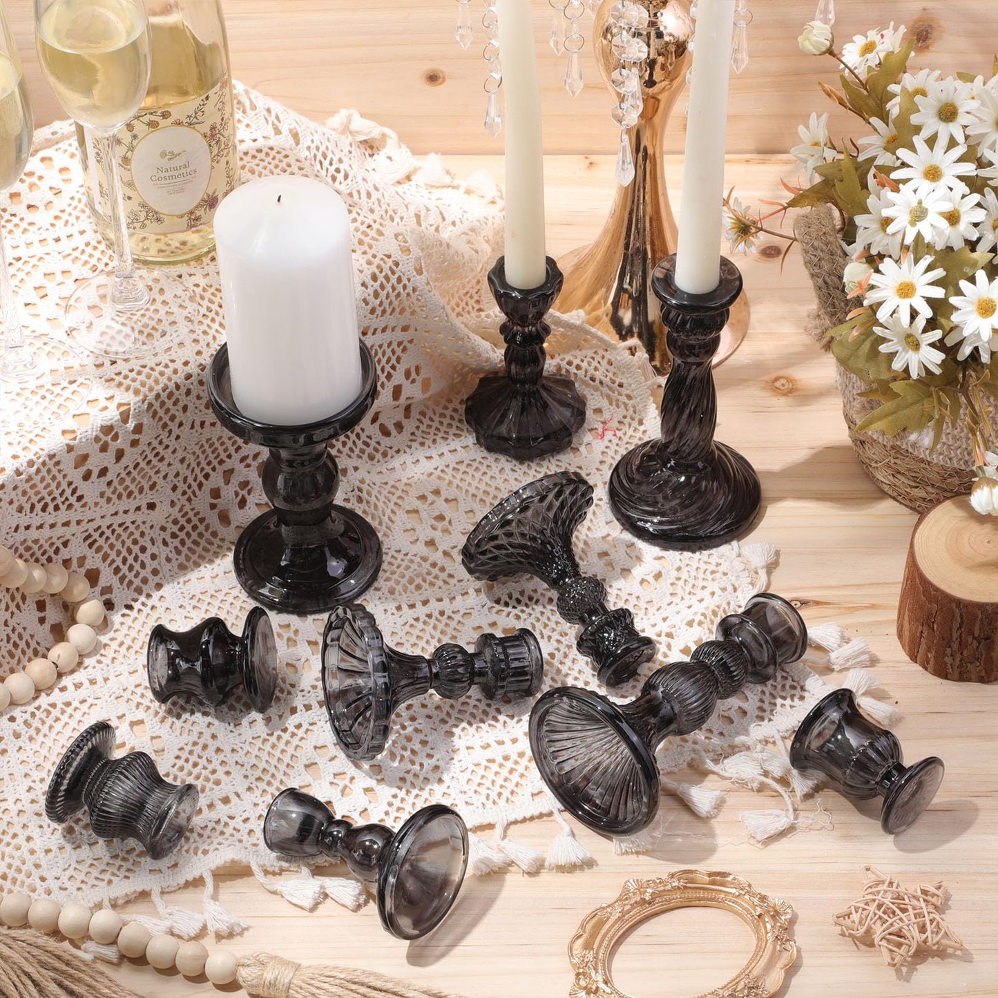 Mumufy 20 Pcs Glass Crystal Taper Candle Holders Clear Glass Candlestick Holder Fit 0.8 Inch Candles Crystal Decorative Candle Stand Centerpiece Table Wedding Dining Party (Black)