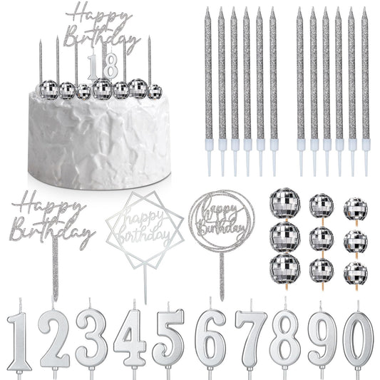 Yerliker 34 Pcs Happy Birthday Cake Toppers Decorations Birthday Candles DIY Cake Decor for Men Women Wedding Anniversary(Disco Color)
