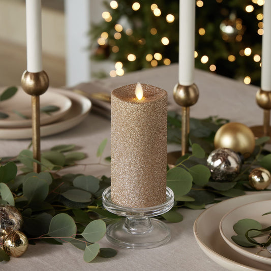 Luminara Realistic Artificial Flame Gold Glitter Pillar Candle - Moving Flame LED Battery Operated Lights - Unscented - Remote Ready - Remote Sold Separately - 3" x 6.5"