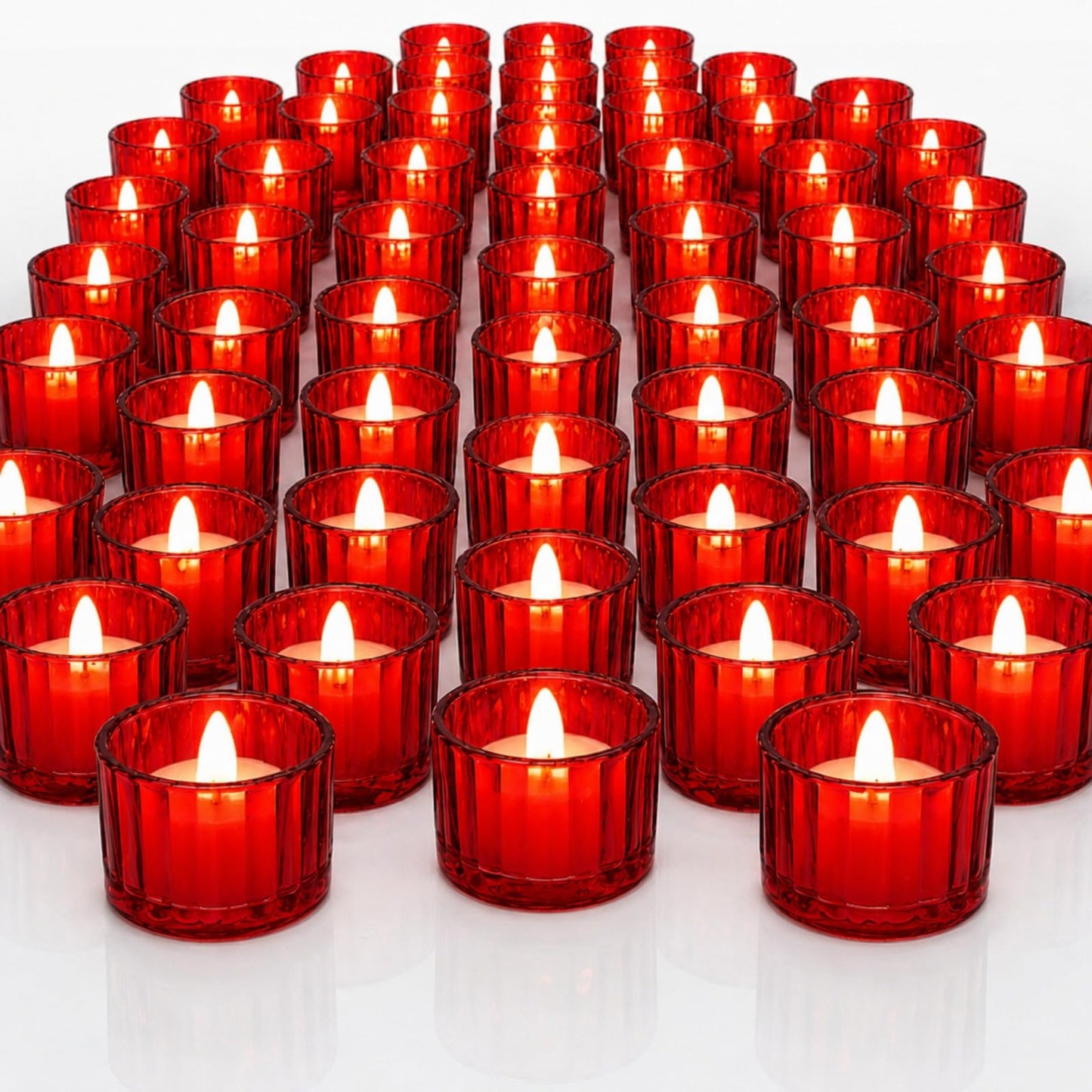 Mumufy 50 Pcs Glass Tealight Candle Holder Ribbed Votive Candle Holder for Centerpiece Wedding Proposal Spa Aromatherapy Meditation Home Decor (Red)