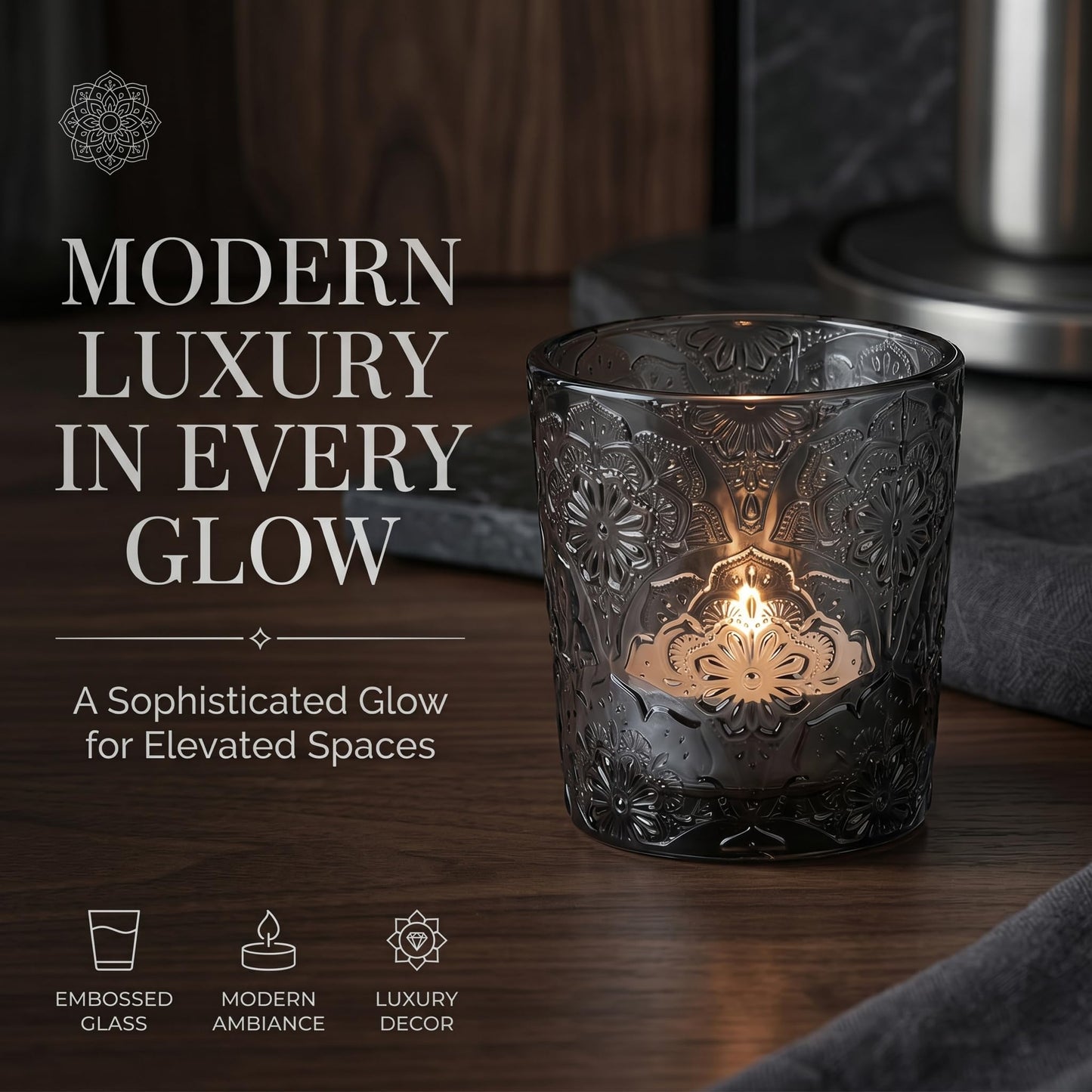 6 Pack Mandala Embossed Glass Candle Holders – Votive Tealight Holders with Patent Design, Decorative Embossed Glass Cups for Wedding Centerpieces, Parties, and Home Décor (Smoky Quartz)