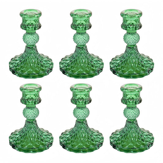 ECHFSM Glass Candlestick Holder,Striped Taper Candle Holders,Set of 6 Candle Stand for Table Centerpieces, Home Decor,Weddings,Festival and Parties (Green Dimond Pattern)