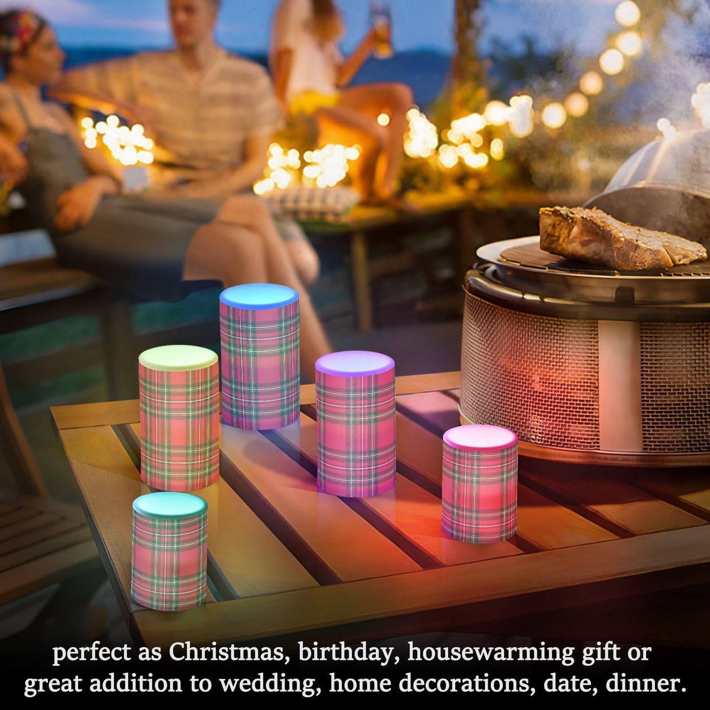 BOENLE Flickering Flameless Candles, Red Green Tartan Plaid Christmas LED Candles with Remote Timer, Set of 2 Battery Operated Candle for Valentine Wedding Birthday