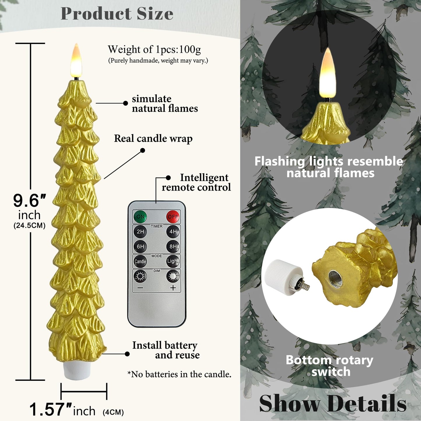 FCMSHAMD Golden & Silver Christmas Trees Flickering Flameless Candles with Remote and Timer, Real Wax 3D Flame Wick LED Candles, 9.8 Inch Battery Operated Candles for Christmas Home Decoration，4PCS
