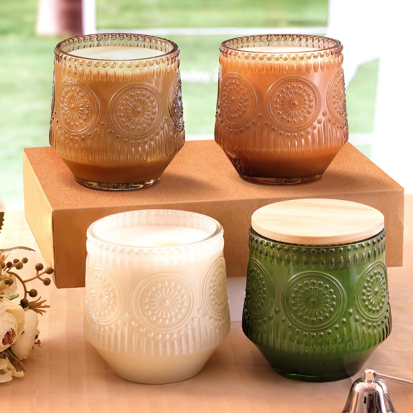 LAMORGIFT 6 Pack Terracotta Candle Jars for Making Candles- Large 13.5oz Glass Jars with Wooden Lids and Labels, Empty Candle Jar Containers Vessels for Candle Making Supplies