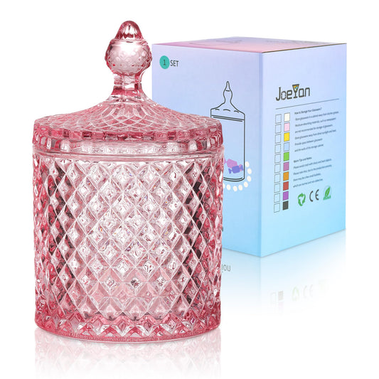 Joeyan 18 oz Light Pink Glass Jars with Lid,Embossed Candy Dishes,Diamond Faceted Jewelry Box Canisters,Decorative Glass Food Container,Colored Kitchen Storage Organizer,Gifts for Wedding Buffet