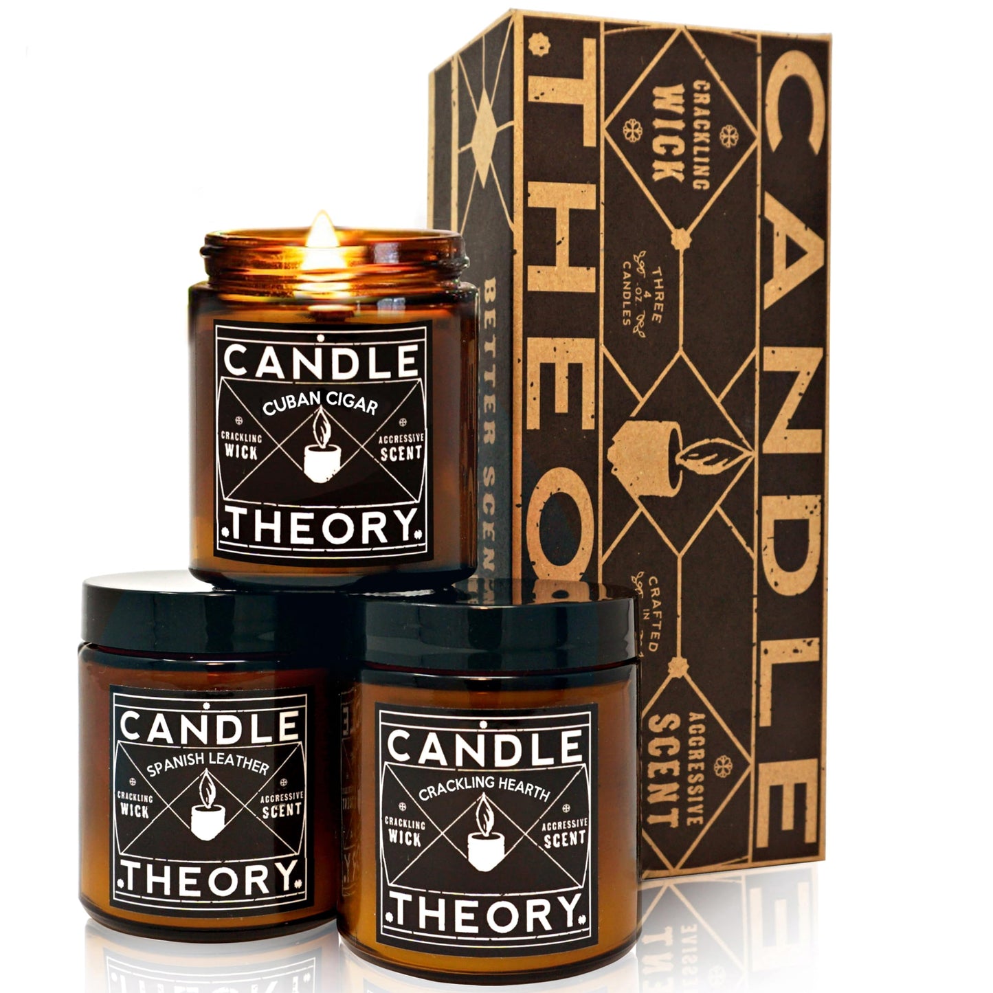 Scented Candle Gift Set of 3, 4oz Candles, Crackling Wood Wick Candled for Home, 3 Scents Cuban Cigar, Spanish Leather, Crackling Hearth, Mens Candle Bachelor Pad Decor Man Cave Decor
