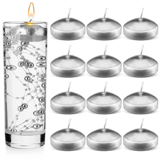 Nuanchu 12 Pieces 1. 65 Inch Floating Candles for Wedding Centerpiece, Small Unscented Floating Round Tealights Metallic Smooth Wax Disc Candles for Graduation Dinner Home Decor(Silver)