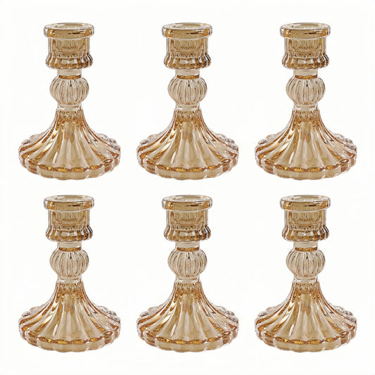 ECHFSM Glass Candlestick Holder,Striped Taper Candle Holders,Set of 6 Candle Stand for Table Centerpieces, Home Decor,Weddings,Festival and Parties (Amber Stripe Pattern)
