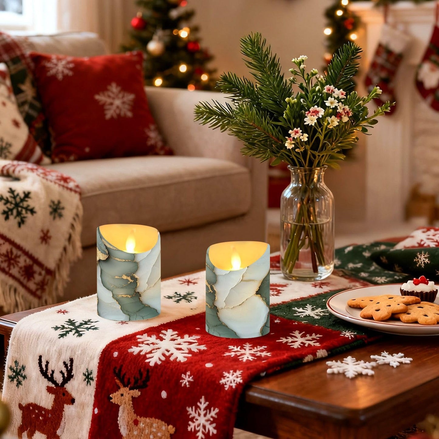 famyily Waterproof Outdoor LED Candles with Timer 2/4/6/8H Reusable Battery Operated Fake Candles for New Year’s Eve Party 5.9x3in - Marble Sage Green White
