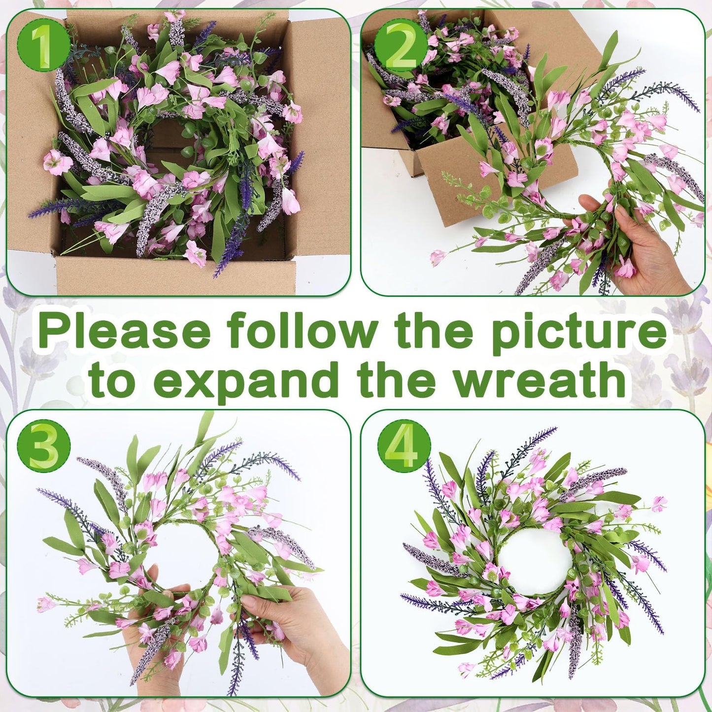 4 PCS Spring Summer Artificial Flowered Wreath Candle Rings Forsythia Lavender Candle Rings Pillar Holder Wreath Mini Floral Candle Rings Wreaths Kitchen Cabinet Swags for Wedding Home Tabletop Decor