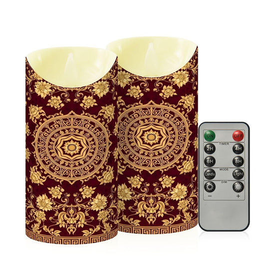 Gravopti Gold Floral Mandala 2 Pack Flameless LED Pillar Candles with Remote & Timer, Battery Operated, Flickering Wax Candle for Wedding, Romantic Home & Party Decor
