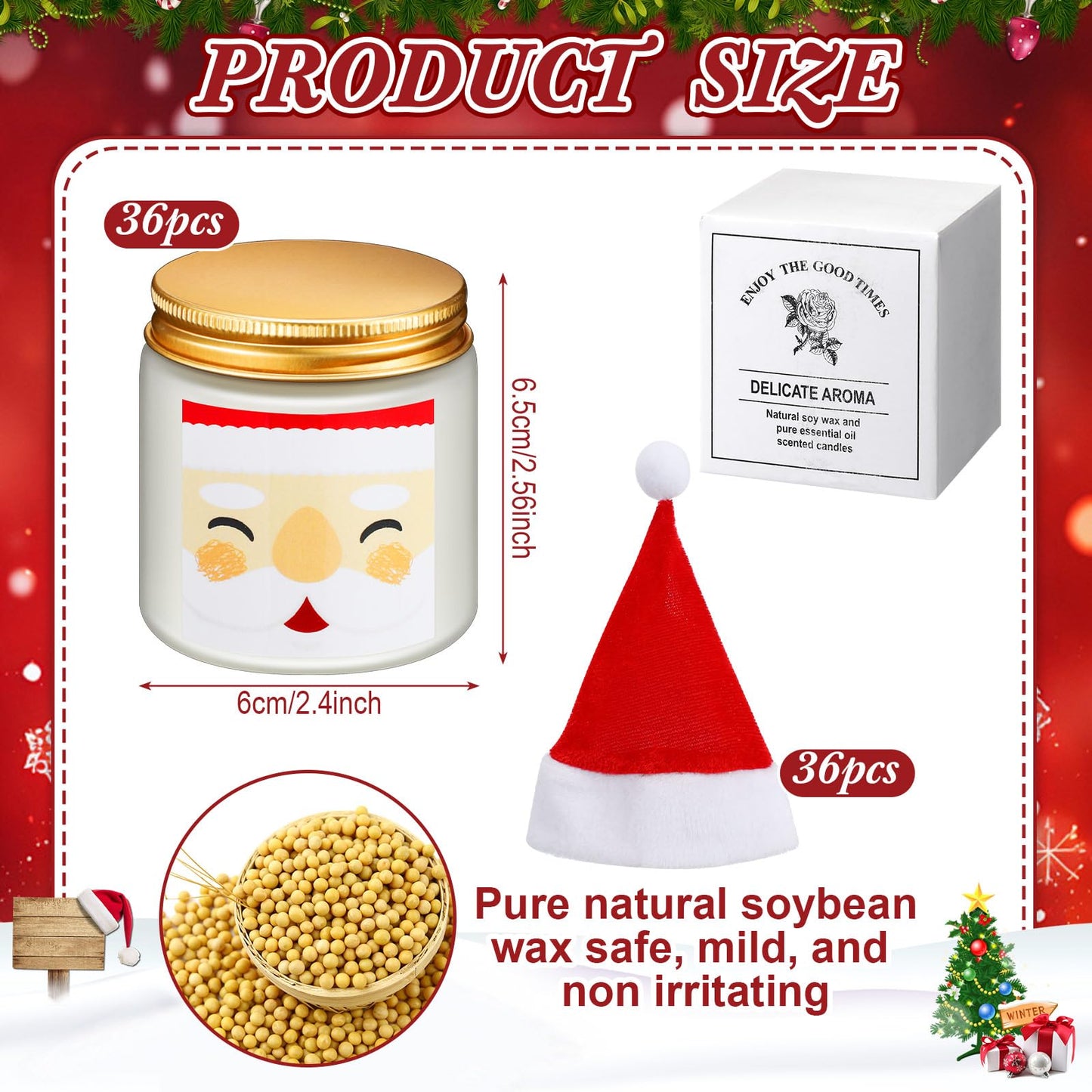 Conelist 72 Pack Christmas Scented Candles Jar Set Include 36 Pcs 7oz Aromatherapy Soy Wax Candles and 36 Pcs Mini Xmas Santa Hat Holiday Table Centerpieces Gifts for Women Men Relaxing Spa