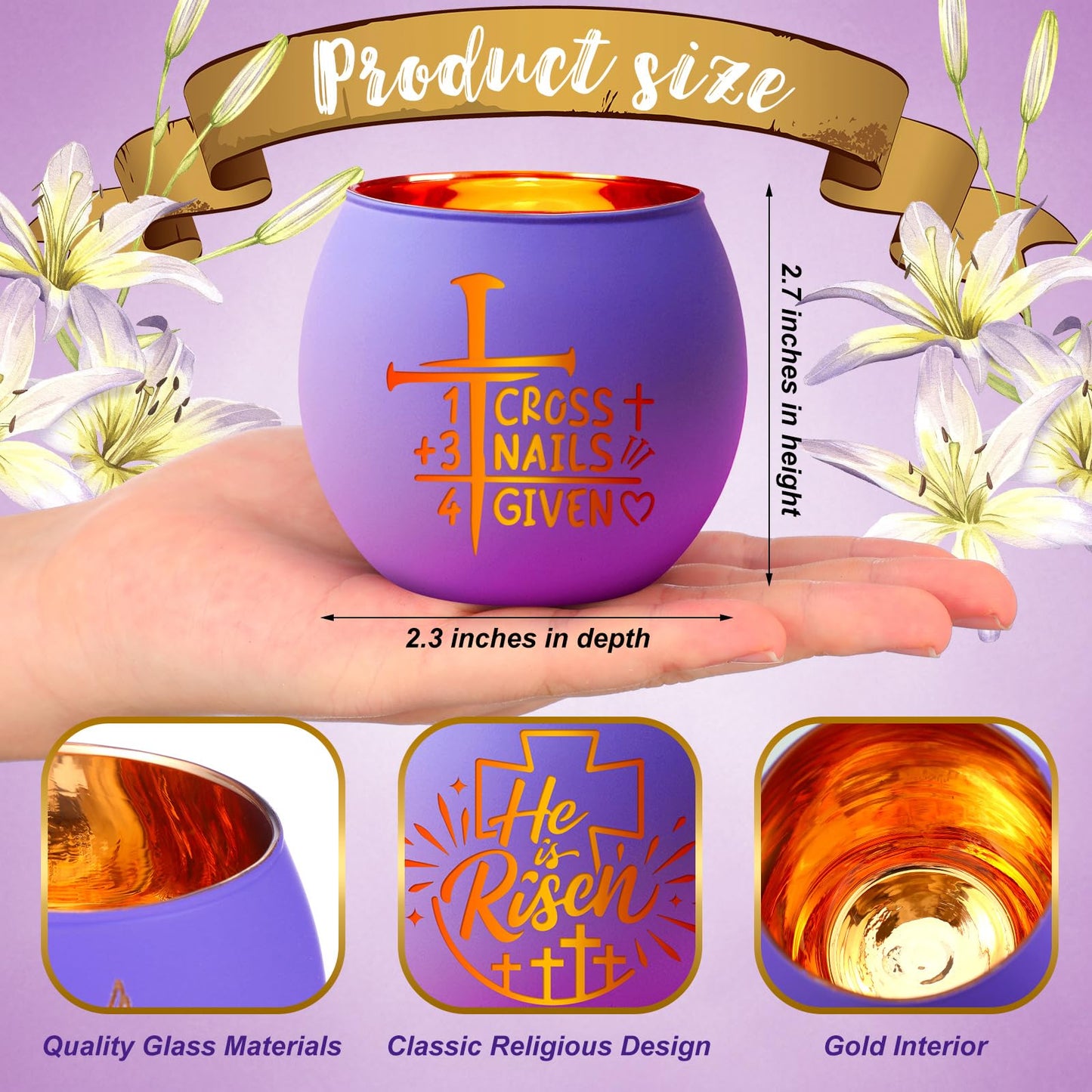 FoldTier 6 Pcs Easter Candle Holders He is Risen Tealight Votive Candle Holder for Table Centerpiece Christian Religious Glass Tealight Votive Easter Tabletop Decor for Home Altar Decoration