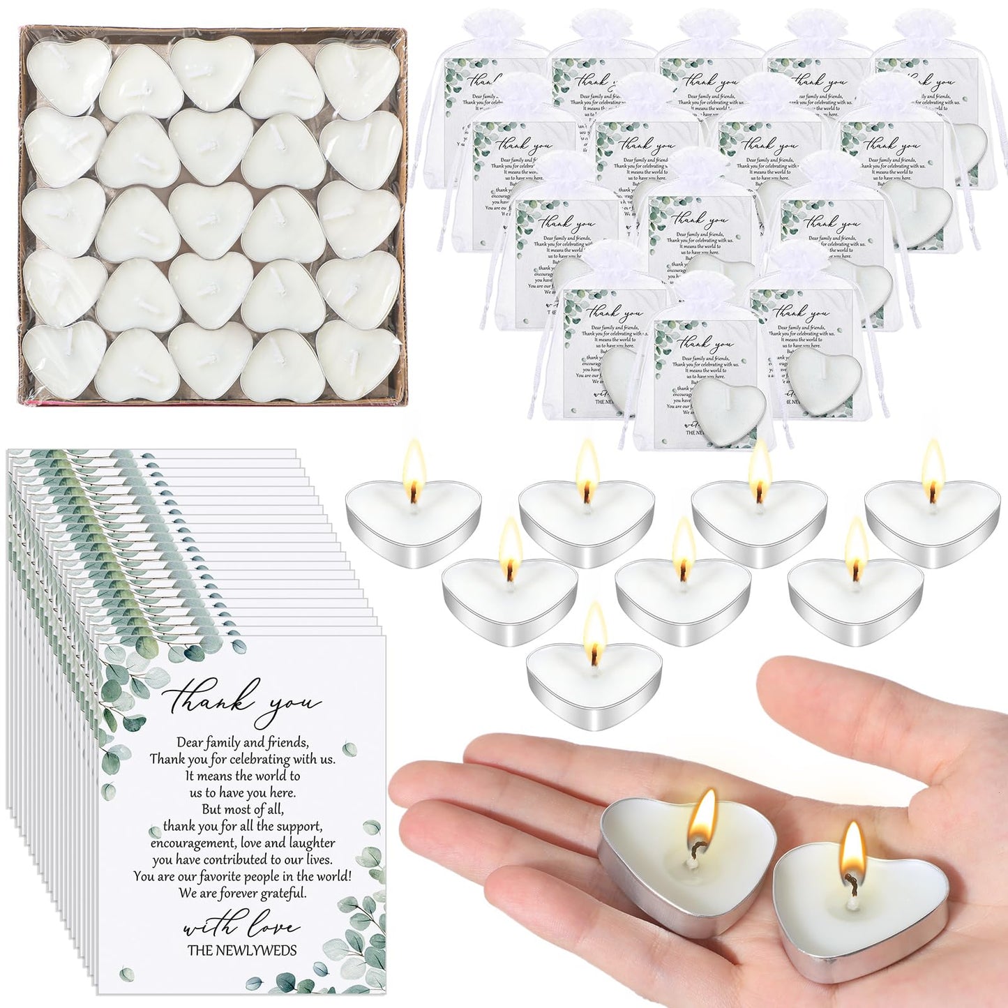 Threlaco 200 Sets Wedding Favors for Guests Bulk Mini Heart Shaped Candles Wedding Party Favors for Guests with Thank You Cards and Organza Bags Bridal Shower Party Souvenir Candle Gifts