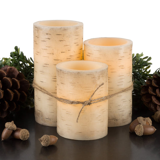 Flameless Candles - 3-Pack Faux Birch Bark Battery Operated LED Candles with Remote and Flickering Light for Home Décor by Lavish Home