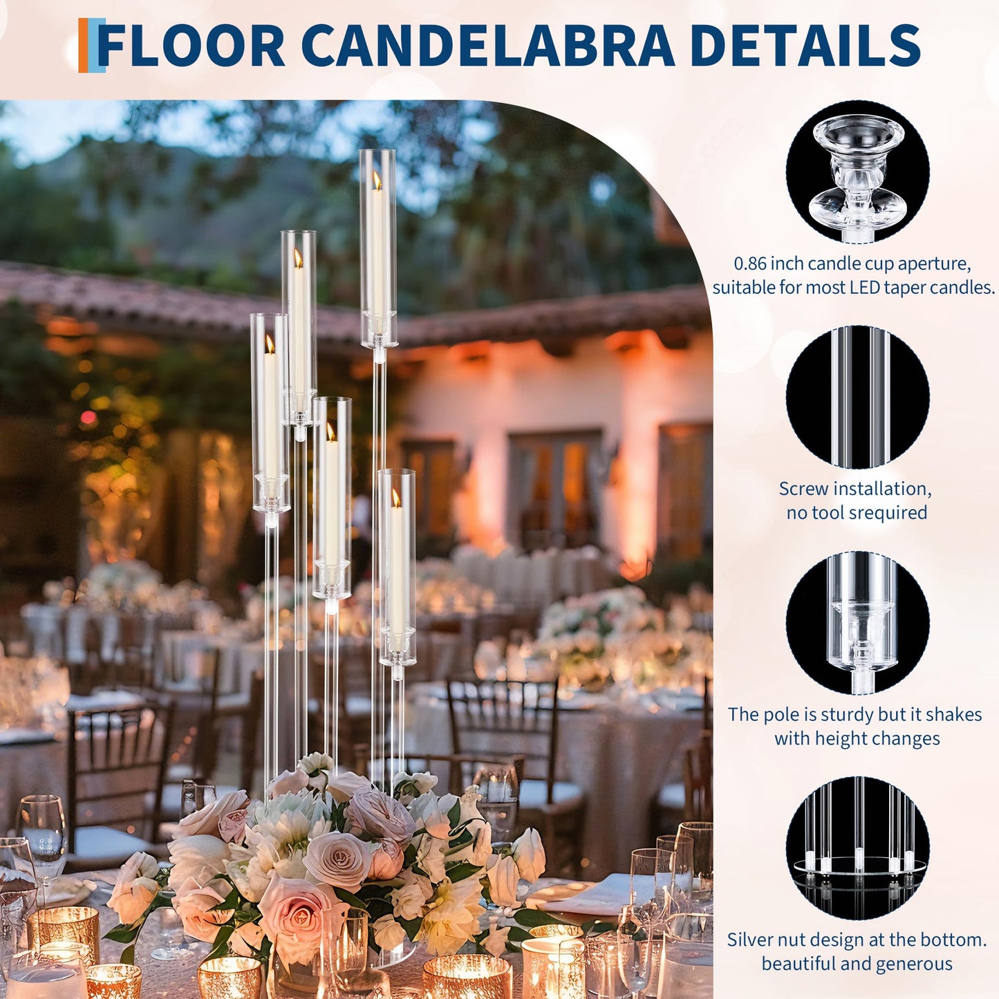4Pcs 45.7''Tall 5 Arm Acrylic Candelabra Centerpieces for Tables, Clear Candle Holder for Wedding, Floor Candelabro Holders for Ceremony Birthday Party Home Decoration Fit 0.8 LED Candles（No Candle）