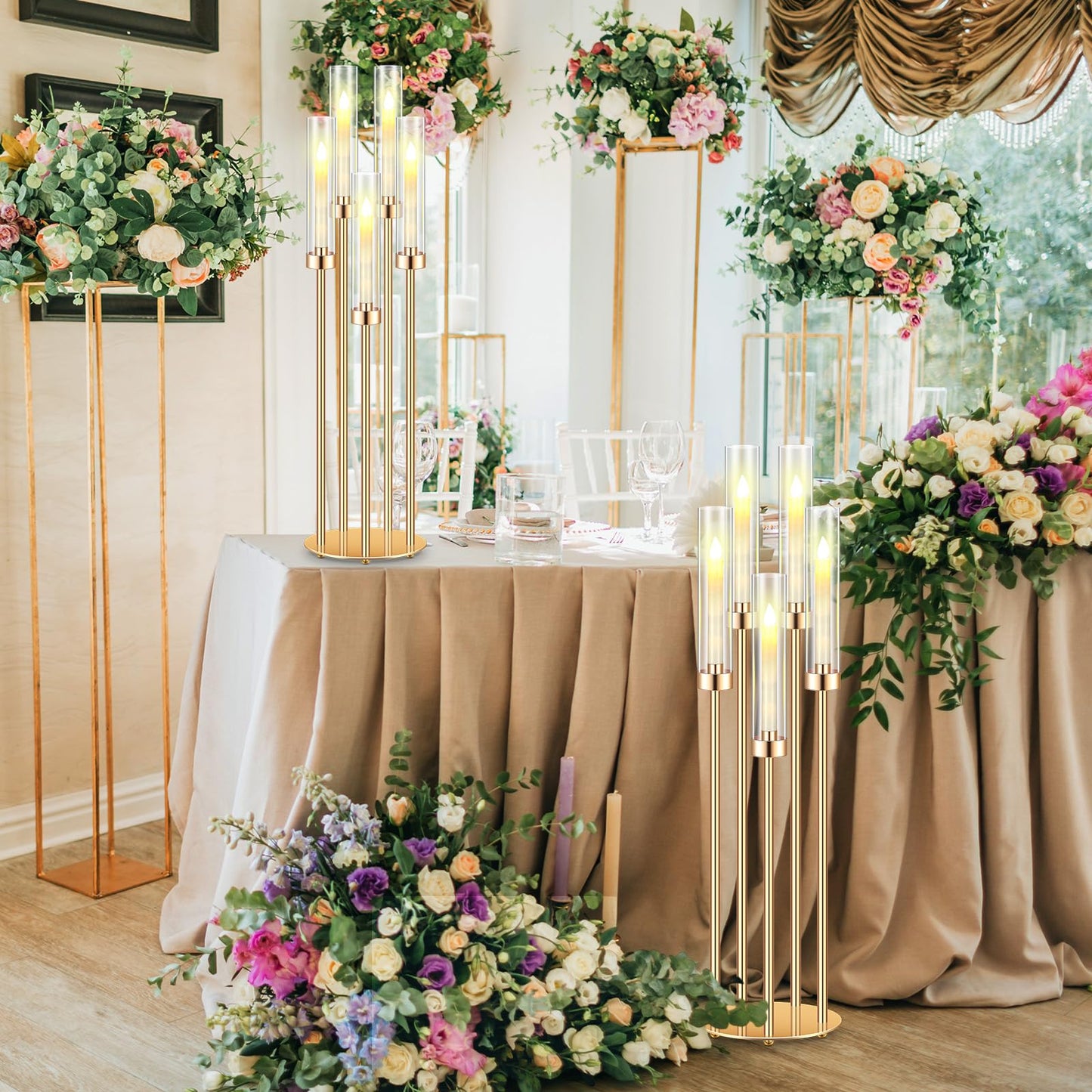 Tandefio 4 Pcs Acrylic Candelabra Centerpieces 35" Tall Clear Candle Holders Pillar Taper Candlestick with Lampshades 5 Arm Floor Candelabra Stand for Wedding Christmas Ceremony Dinner Party