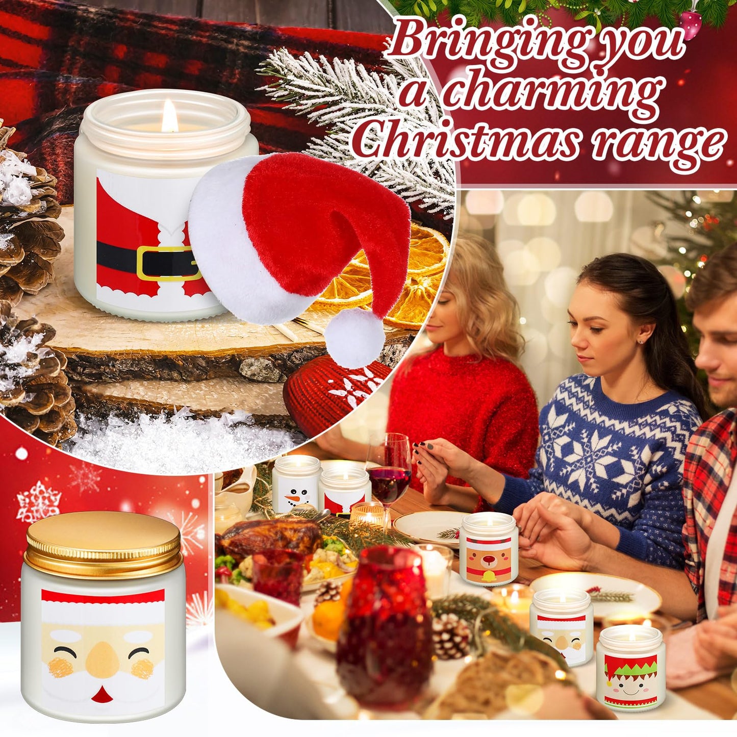 Conelist 24 Pack Christmas Scented Candles Jar Set Include 12 Pcs 7oz Soy Wax Aromatherapy Candles and 12 Pcs Mini Santa Hat Holiday Party Favor Gift Bulk for Women Men Adult Coworker