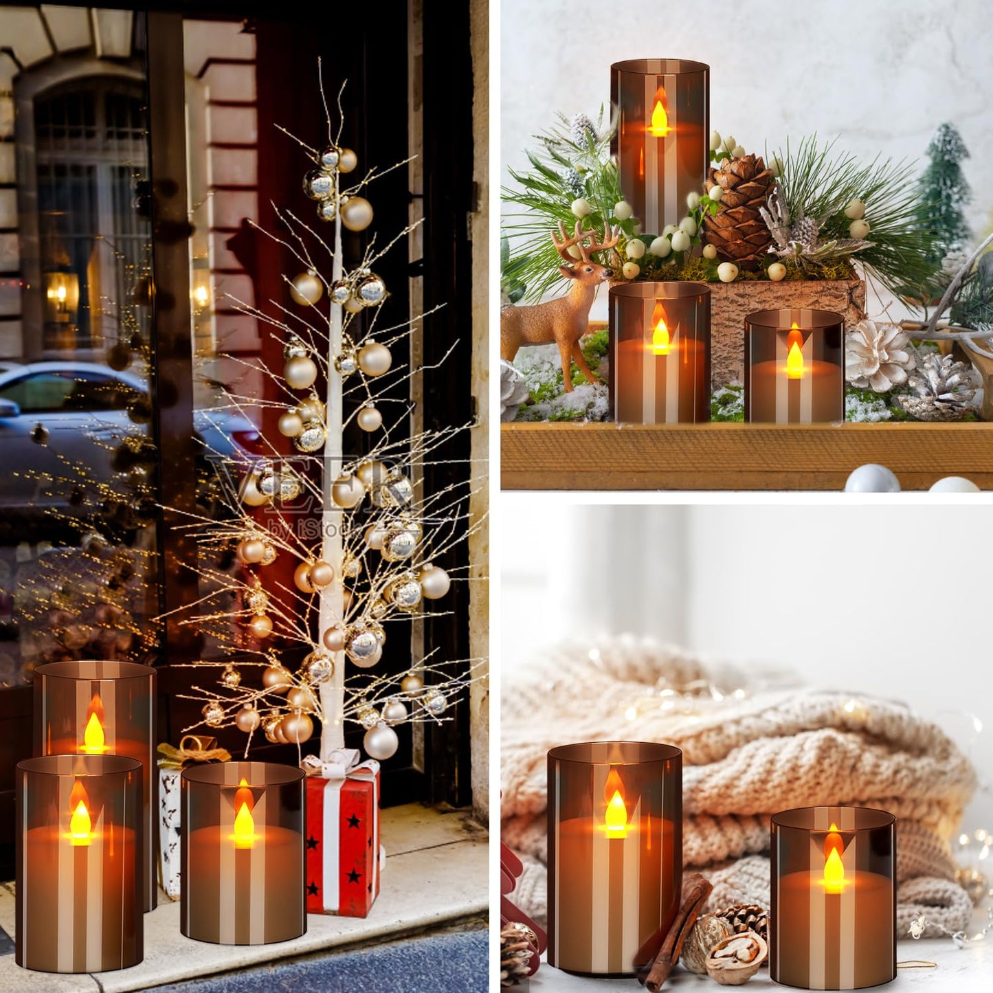 Flameless Candles 4" 5" 6" Acrylic Glass Pillars 3" Diameter Battery Operated Flickering Candles Include Remote with 24Hour Timer Function 400+ Hours by 2 AA Batteries (Gray, Warm Light 9 Pack)