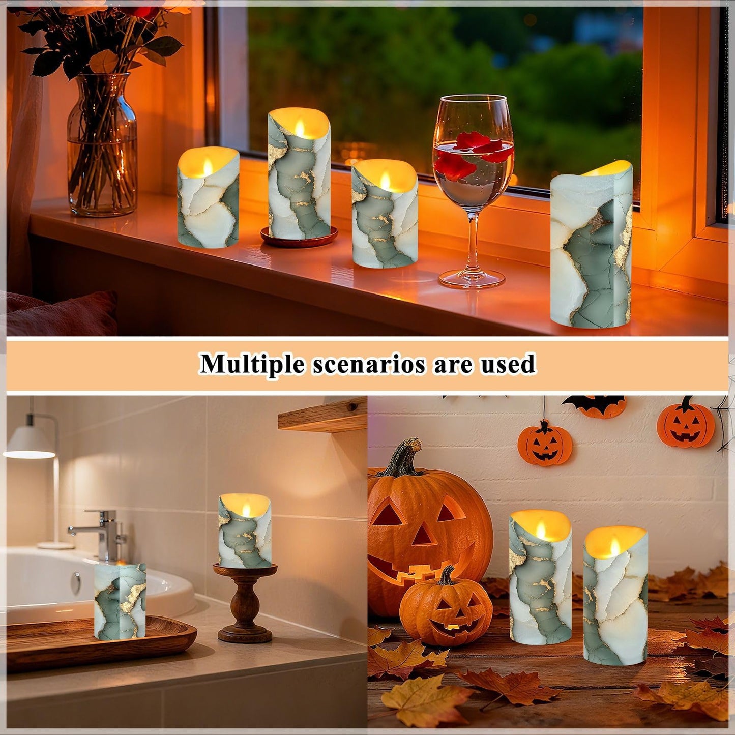 famyily Waterproof Outdoor LED Candles with Timer 2/4/6/8H Reusable Battery Operated Fake Candles for New Year’s Eve Party 5.9x3in - Marble Sage Green White
