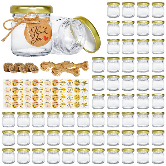 GIVAMEIHF Mini Honey jars 1.5oz, 60 pcs Honey Jars with 60 Bee Stickers,Tags,Jutes Rope,Mini Honey Jars with Lids, Perfect for Candle Jar,Spices,Jams,Baby Shower, Wedding Favors, Party Favors
