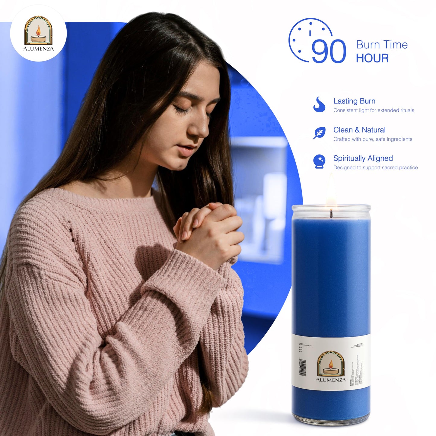 Alumenza Bulk 6 Pack Blue 7 Day Candles in Glass Jar – Paraffin Wax, Clean Burning Unscented | Large & Tall Devotional Prayer Pillar Candles for Home, Memorial, Spells, Long Lasting