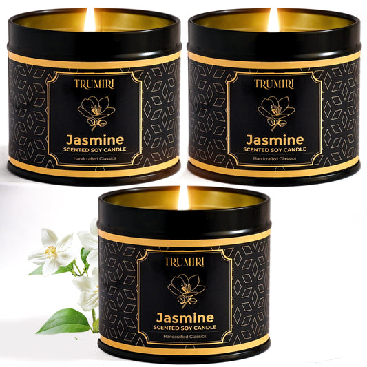 Jasmine Candle Strong Scented Soy Candel Clean Non Toxic Velas Aromáticas for Women Gift for Diwali Pack of 3 5Oz Decorative Tin Jars with Lids
