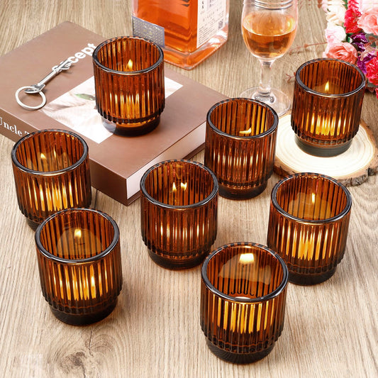 IJRPLM 8 Pcs Amber Votive Candle Holders, Vintage Amber Glass Tea Light Candles Holders, Ribbed Glass Tealight Holder, Tealight Candle Holder for Table Centerpiece Home Decor Wedding Birthday Party