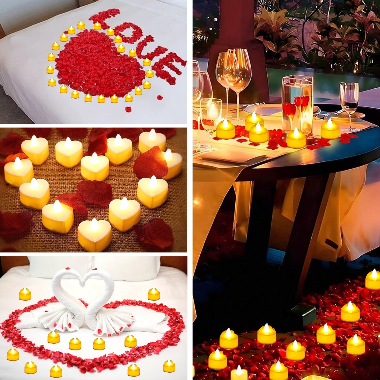 JMUQ 9000 Pieces Artificial Rose Petals with 96 Pieces Romantic Heart Led Tealight Candles, Rose Petals and Candles Set for Weddings Anniversaries Proposals Decor(Warm White Light)