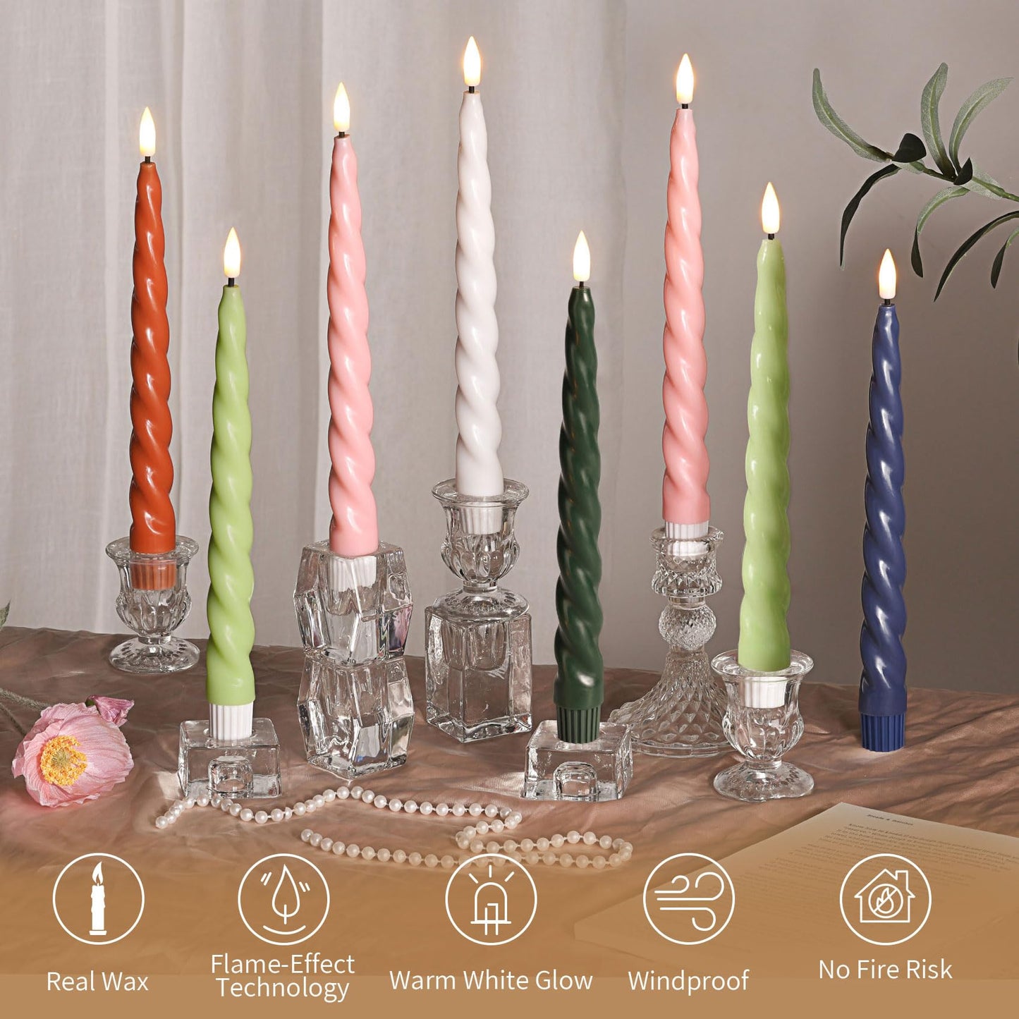 Girimax Spiral Green Flameless Taper Candles with Remote, Flickering Battery Operated LED Wax Candlesticks Spring Summer Home Decor Set of 6