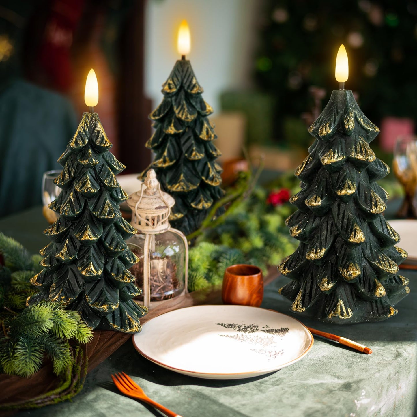 HN HAIINAA Green Christmas Tree Shaped Flameless Candles with Timer, Real Wax 3D Wick Flickering Battery Operated LED Candles for Christmas Home Party Decoration Set of 3