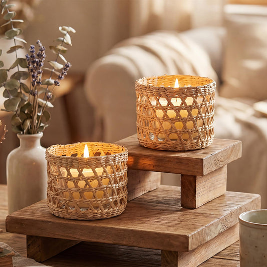 Yiyiring 2 Pack Wicker Rattan Woven Tea Light Candle Holder Kit Rustic Handcraft Rattan Woven Candle Holder with Glass Cup Vintage Tealight Farmhouse Votive Candlestick Decor for Dining Wedding