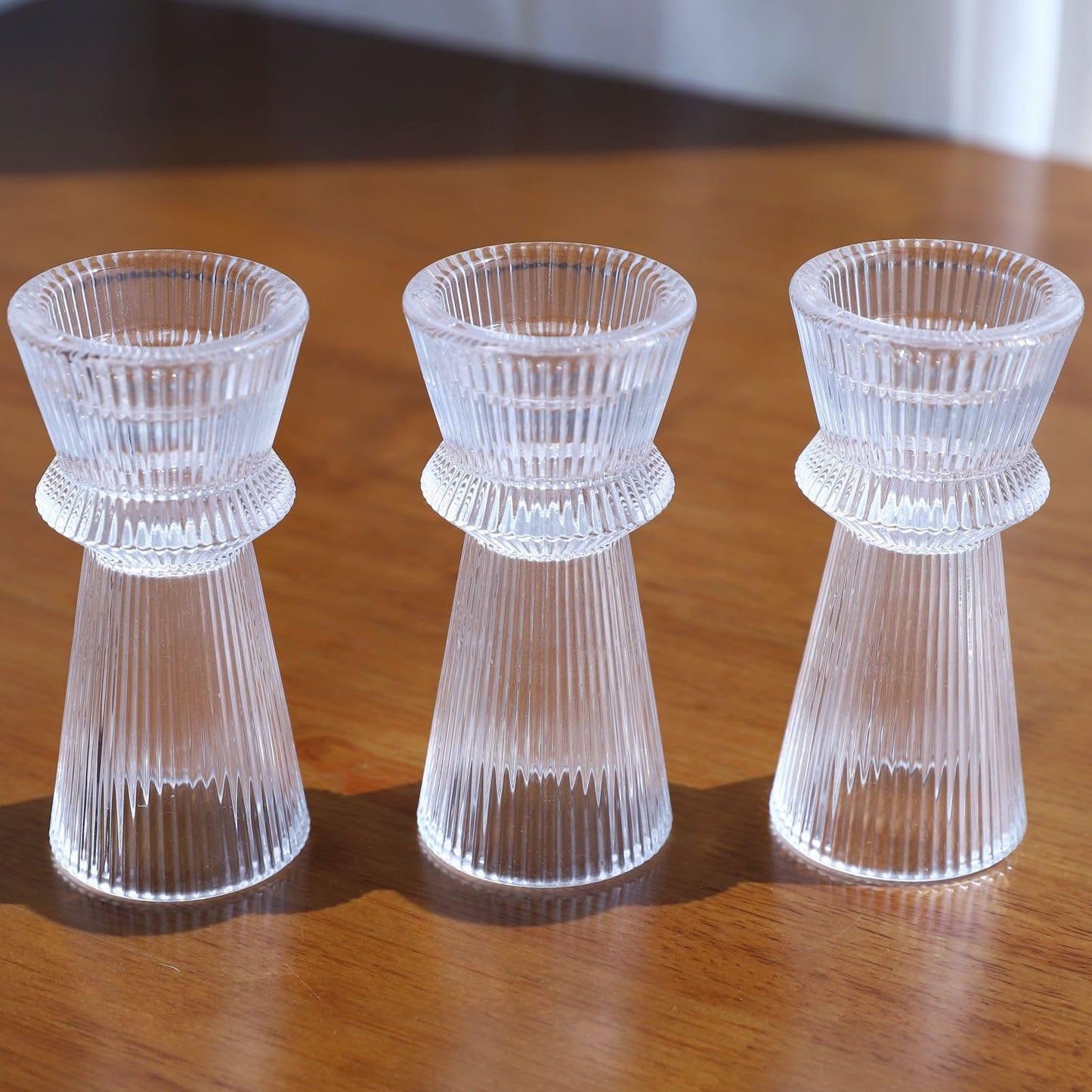 VOHO Clear Ribbed Taper Candle Holders Set of 3, Minimalist Style Glass Candle Holder for Candlesticks and Tealight Candles, Classy Candlestick Holders for Bridal Shower Wedding Decor/Birthday/Holiday