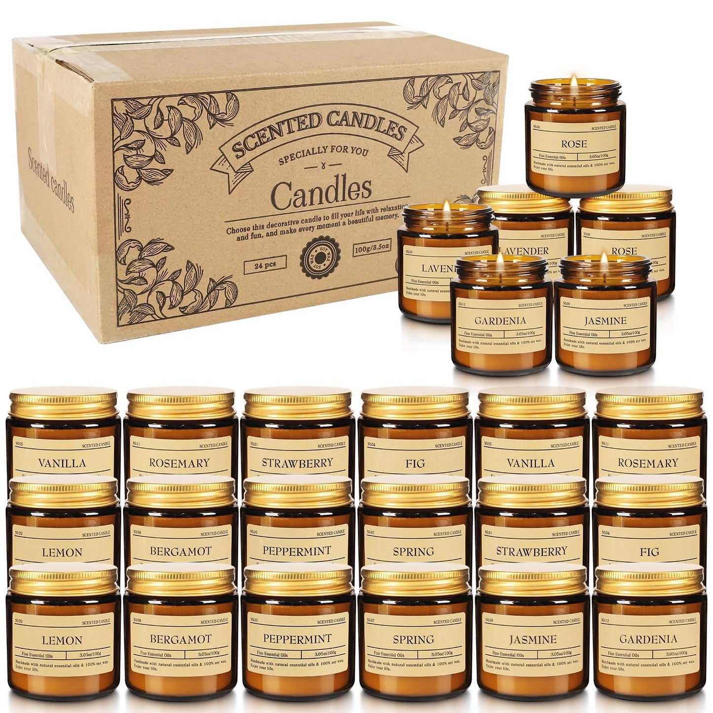 Scented Candle Set 24 Pack (3.05oz Each) - Aromatherapy Candles with Essential Oils, Smokeless Soy Wax Candles in 12 Scents, Gift for Women/Mom, Valentine/Mother's Day/Christmas/Birthday