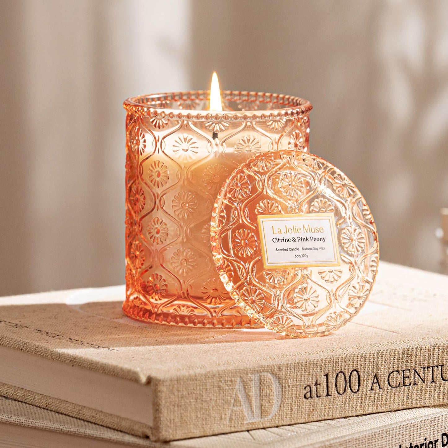 LA JOLIE MUSE Citrine & Pink Peony Scented Candles - Bergamot, Peony, Amber | 6 oz Natural Soy Wax | 40 Hours Clean Burn | Citrus Scented Candle| Gift-Ready for Hosts & Gatherings