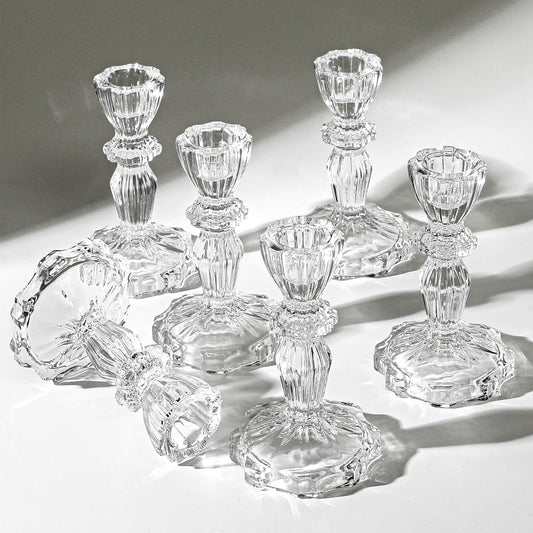 4.33" Tall Glass Candlestick Set of 6 Clear Crystal Candle Holders for Glass Taper Holder Decor for Wedding Birthday Party Christmas