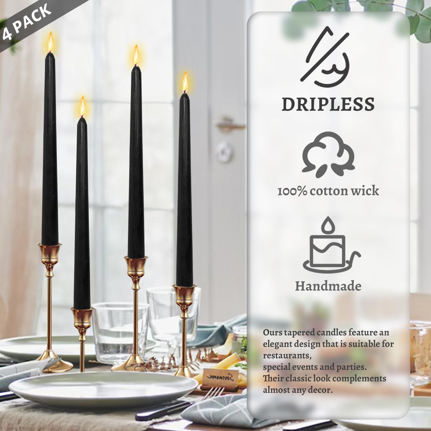 Dripless Unscented Black Taper Candles Smokeless Long Lasting Burn Elegant Tall 10 Inch Candlesticks for Home Décor Holiday Gift Dinner Party Formal Events