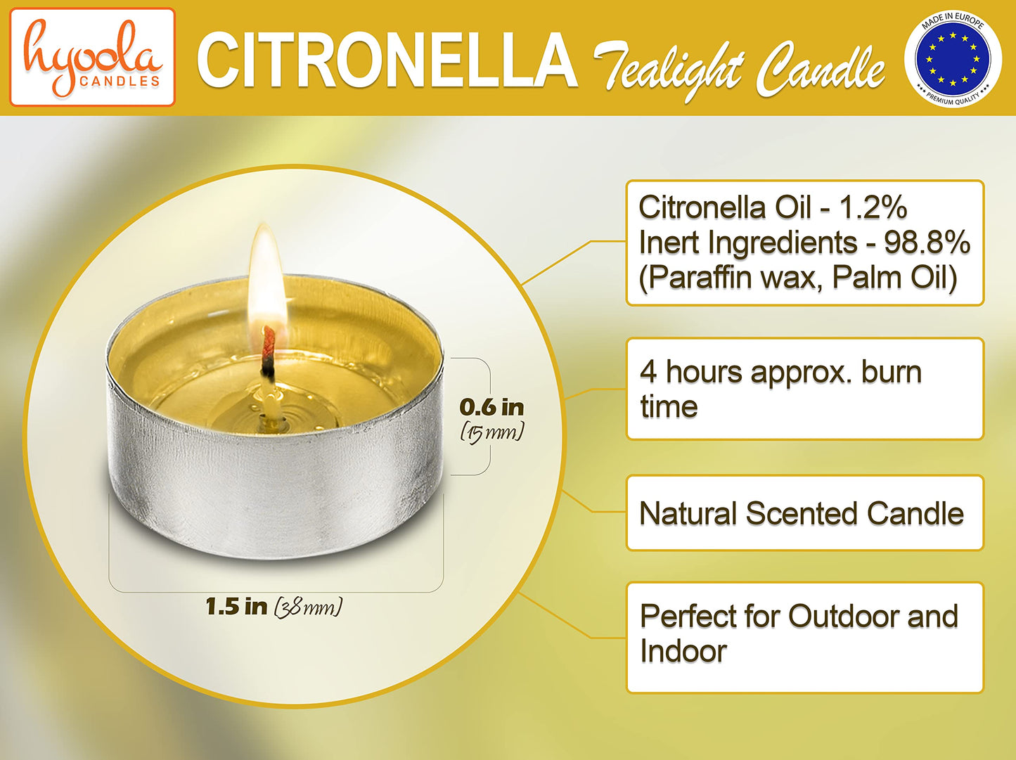 Hyoola Tealight Citronella Candles - Anti Mosquito Candle - 4 Hour Burn - 100 Pack - DEET Free