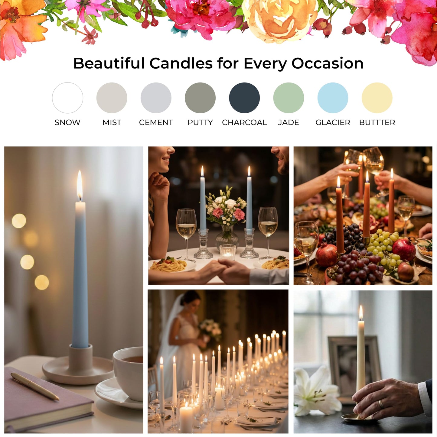 Putty Gray Taper Candles 10 Inch, 12 Pack - Unscented Dripless Dinner Candles, 7 Hour Burn Time, Premium Solid Wax Candlesticks for Weddings, Parties, Events & Home Decor. Candlesticks