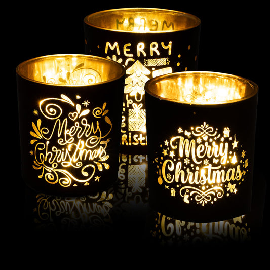 Rancco Votive Candle Holders, Christmas Black and Gold Glass Tea Light Candle Holder Set of 3, Vintage Candlesticks for Christmas Table Centerpieces, Birthday, Party, Home Tea Party Decor