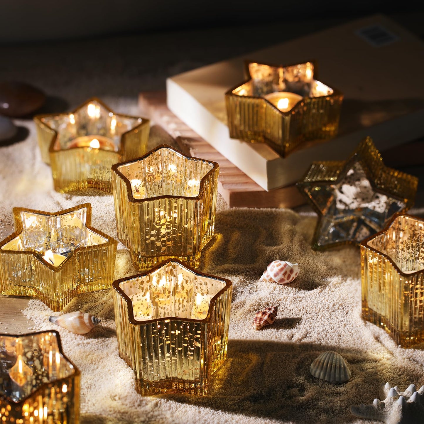 Letine 10pcs Gold Ribbed Candle Cups – Assorted Height Tea Light & Votive Candle Holders for Diwali, Wedding, Table Centerpiece, Fall & Holiday Decor – Lucky Star Jar (Tall 2.44", Short 1.57")