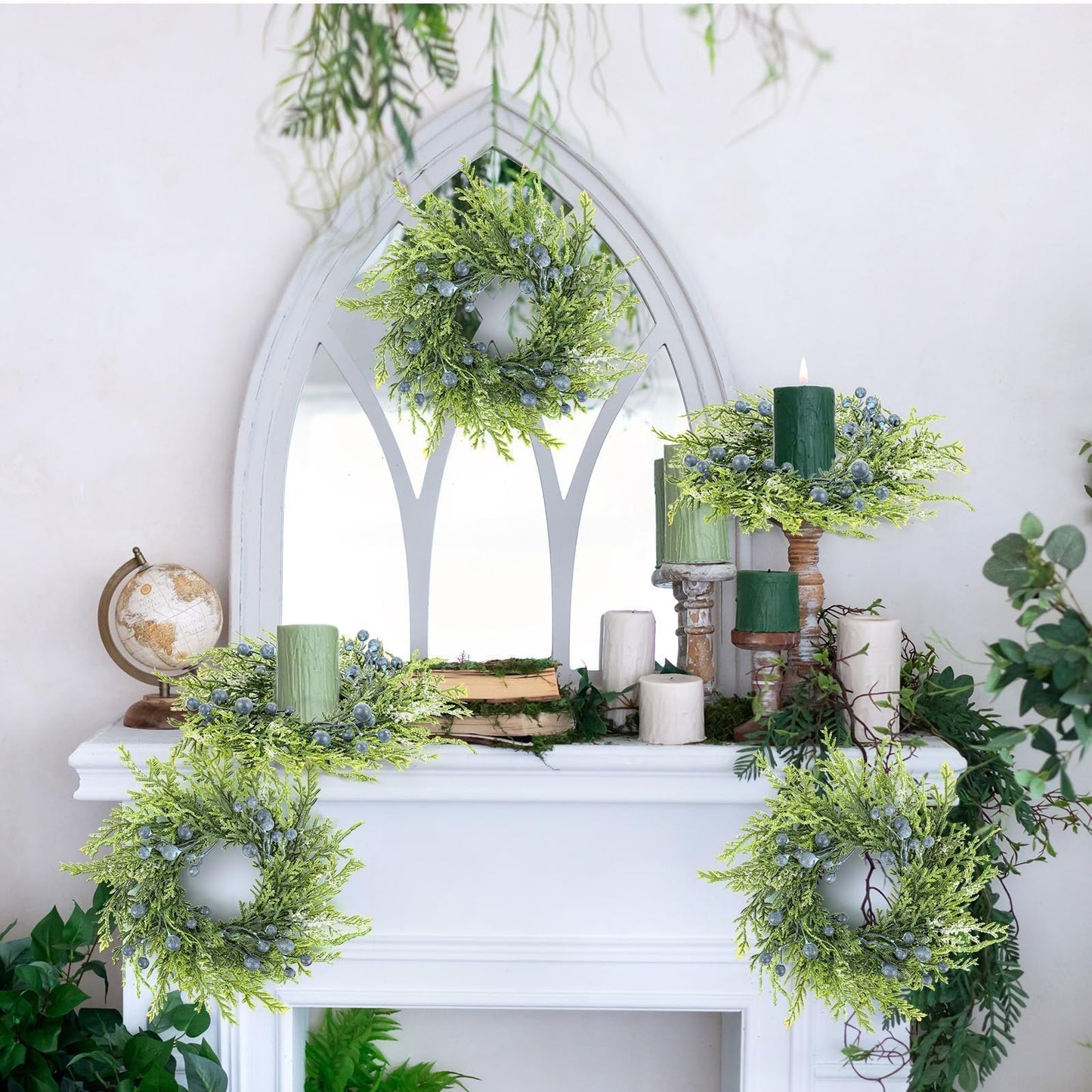 4 Pcs 3” Blueberry Candle Rings Spring Wreaths Mini Berries Table Centerpieces Wreaths Farmhouse Green Small Wreath for Pillars Kitchen Cabinet Front Door Porch Wall Decoration