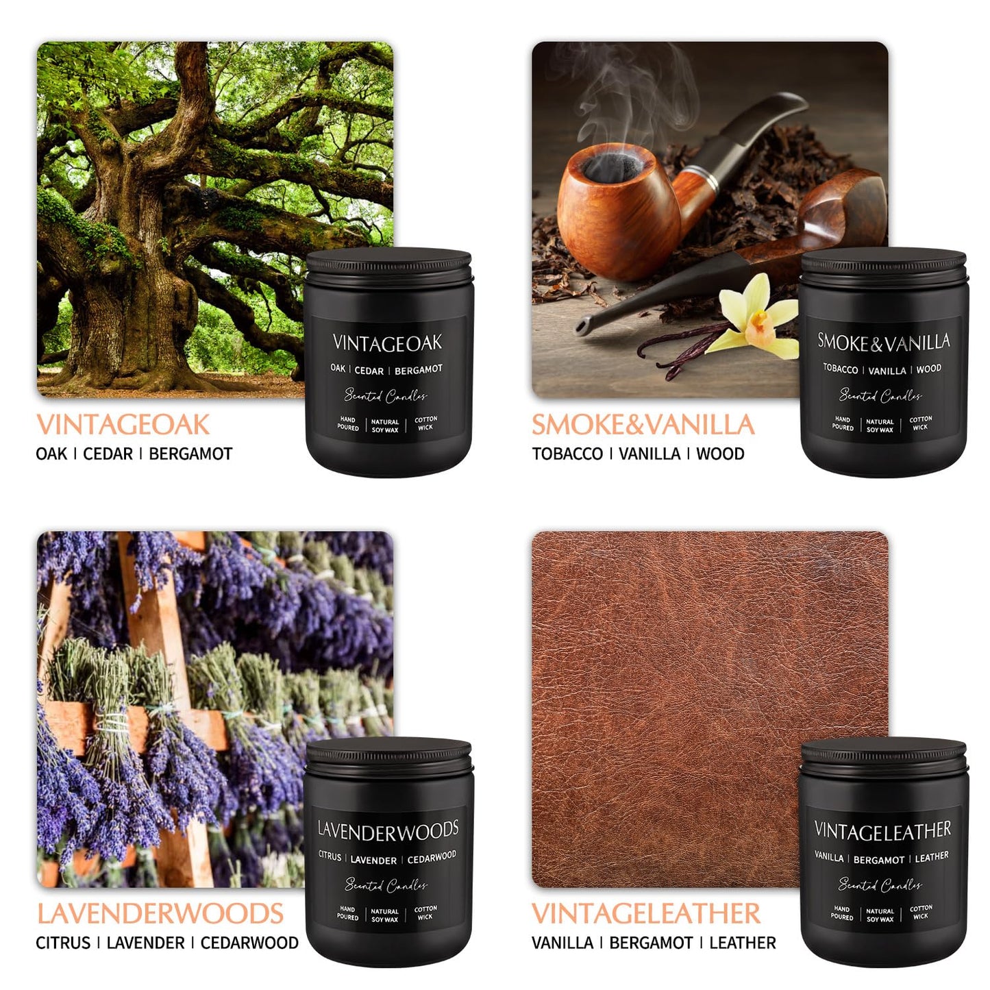 WPONSZU 4Psc Scented Candles Set,7oz Gifts for Men Aromatherapy,Soy Candle of Smokeless - Leather & Smoke, Vanilla Oakmoss, Lavender - Relaxing Fragrance for Home, Office, Yoga(Black)