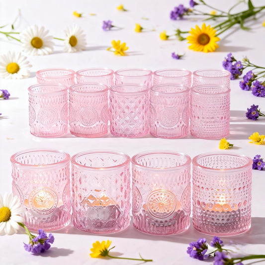 LETINE Set of 16 Pink Votive Candle Holders, Glass Tea Light Candle Holder with 4 Retro & Floral Patterns, Decorative Candle Holders for Parties, Spring Summer Wedding Table Centerpieces & Home Decor